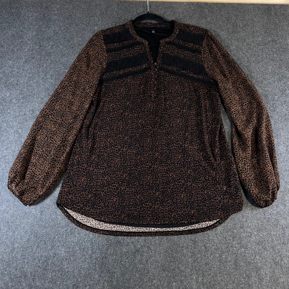 White House Black Market Leopard Print Lace Bead Blouse Brown Black Large Office